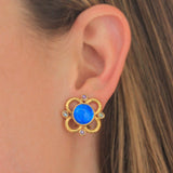 Peacock Venetian Glass Intaglio Cabochon "Cab, Putto, and Duck" Earrings with Wire Arches and Cabochon Moonstone