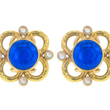 Peacock Venetian Glass Intaglio Cabochon "Cab, Putto, and Duck" Earrings with Wire Arches and Cabochon Moonstone