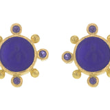Cobalt Venetian Glass Intaglio "Tiny Bee" Stud Earrings with Faceted Iolite