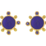 Cobalt Venetian Glass Intaglio "Tiny Bee" Stud Earrings with Faceted Iolite