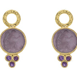 Mulberry Venetian Glass Intaglio "Round Cupid" Earring Charms With Three Amethyst Triads On Thin Bezel
