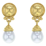 Round Gold Dome "Athenian" Bezel and Swinging White South Sea Pearl Drop Earrings