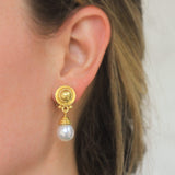 Round Gold Dome "Athenian" Bezel and Swinging White South Sea Pearl Drop Earrings