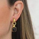 Double-Banded "Cheerio" Earrings with Swinging Cushion Black Jade and Topknot
