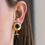 Round Onyx Earrings with Gold Triads with Detachable Onyx Drop Earrings