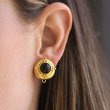 Round Onyx Earrings with Gold Triads with Detachable Onyx Drop Earrings