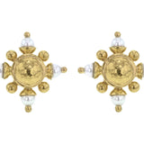 Round Gold Dome Stud Earrings with Pearl Spokes and Gold Dots