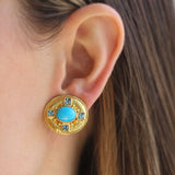 Horizontal Oval Sleeping Beauty Turquoise Earrings With Faceted Blue Zircons