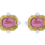 Pink Venetian Glass Intaglio "Chimera" Stud Earrings with Pearl Spokes