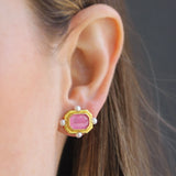 Pink Venetian Glass Intaglio "Chimera" Stud Earrings with Pearl Spokes