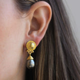 Round Gold Dome "Athenian" Bezel Earrings with Swinging Silver South Sea Pearl Drop