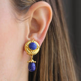 Round Lapis Earrings with Gold Triads with Detachable Lapis Drop Earrings