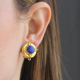 Round Lapis Earrings with Gold Triads with Detachable Lapis Drop Earrings
