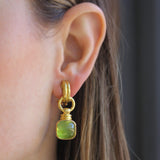 Double-Banded "Cheerio" Earrings with Swinging Cushion Cabochon Peridot and Topknot