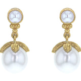 Pearl and Bottom Gold Triad with Swinging Pearl with Leaf Cap Drop Earrings