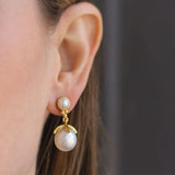 Pearl and Bottom Gold Triad with Swinging Pearl with Leaf Cap Drop Earrings