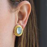 Vertical Oval Aquamarine Triple Bezel Earrings