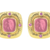 Pink Venetian Glass Intaglio "Square Putto" Earrings with Faceted Pink Spinel