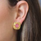 Pink Venetian Glass Intaglio "Square Putto" Earrings with Faceted Pink Spinel