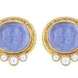 Cerulean Venetian Glass Intaglio "Lion and Putto" Earrings with Three-Pearl Bottom