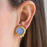 Cerulean Venetian Glass Intaglio "Lion and Putto" Earrings with Three-Pearl Bottom