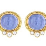 Cerulean Venetian Glass Intaglio "Lion and Putto" Earrings with Three-Pearl Bottom