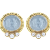 Light Aqua Venetian Glass Intaglio "Lion and Putto" Earrings with Three-Pearl Bottom