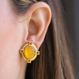 Light Amber Venetian Glass Intaglio "Cab Boy and Bird" Earrings with Faceted Citrine Stones