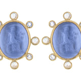 Cerulean Venetian Glass Intaglio "Goddess with Wheat" Earrings with Faceted and Cabochon Moonstone Halo