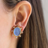 Cerulean Venetian Glass Intaglio "Goddess with Wheat" Earrings with Faceted and Cabochon Moonstone Halo
