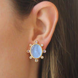 Cerulean Venetian Glass Intaglio "Goddess with Wheat" Earrings with Faceted and Cabochon Moonstone Halo