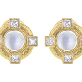 Round Cabochon Moonstone Earrings with Faceted Moonstones in Godron Bezel