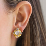 Round Cabochon Moonstone Earrings with Faceted Moonstones in Godron Bezel