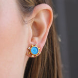 Peacock Venetian Glass Intaglio "Tiny Bee" Stud Earrings with Faceted Moonstone