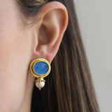 Peacock Venetian Glass Intaglio "Eagle and Dolphin" Earrings with Akoya Pearl in Granulated Cap