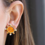 Amber Venetian Glass Intaglio "Eagle and Dolphin" Earrings With Pearls and Faceted Citrine