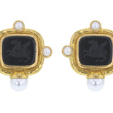 Black Venetian Glass Intaglio "Square Pegasus" Earrings with Pearls