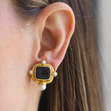 Black Venetian Glass Intaglio "Square Pegasus" Earrings with Pearls