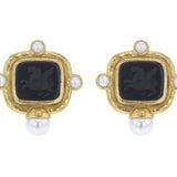 Black Venetian Glass Intaglio "Square Pegasus" Earrings with Pearls