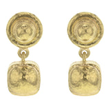 Gold Drop Top Stud Earrings with Swinging Gold Dome Cushion Bottom
