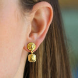 Gold Drop Top Stud Earrings with Swinging Gold Dome Cushion Bottom