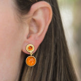 Amber Venetian Glass Intaglio "Cab Putto and Duck" Stud Earrings with Citrine