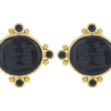 Black Venetian Glass Intaglio "Lion and Putto" Earrings with Faceted Black Spinel