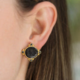 Black Venetian Glass Intaglio "Lion and Putto" Earrings with Faceted Black Spinel