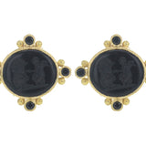 Black Venetian Glass Intaglio "Lion and Putto" Earrings with Faceted Black Spinel
