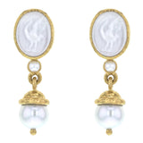 Crystal Venetian Glass Intaglio "Crane" With Pearl Stud Earrings