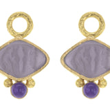 Mulberry Venetian Glass Intaglio "Rombo" Earring Charms for Hoops with Cabochon Amethysts