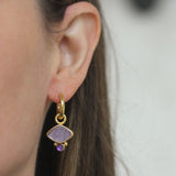 Mulberry Venetian Glass Intaglio "Rombo" Earring Charms for Hoops with Cabochon Amethysts