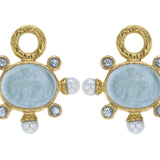 Light Aqua Venetian Glass Intaglio "Tiny Lion" Earring Charms With Pearls and Faceted Moonstone
