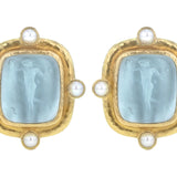 Light Aqua Venetian Glass Intaglio "Greek Muse" Earrings With Four Pearls Set On Godron Bezel